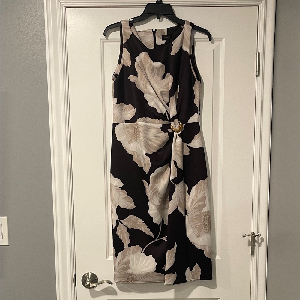Donna Karan Black and Cream Floral Midi Dress